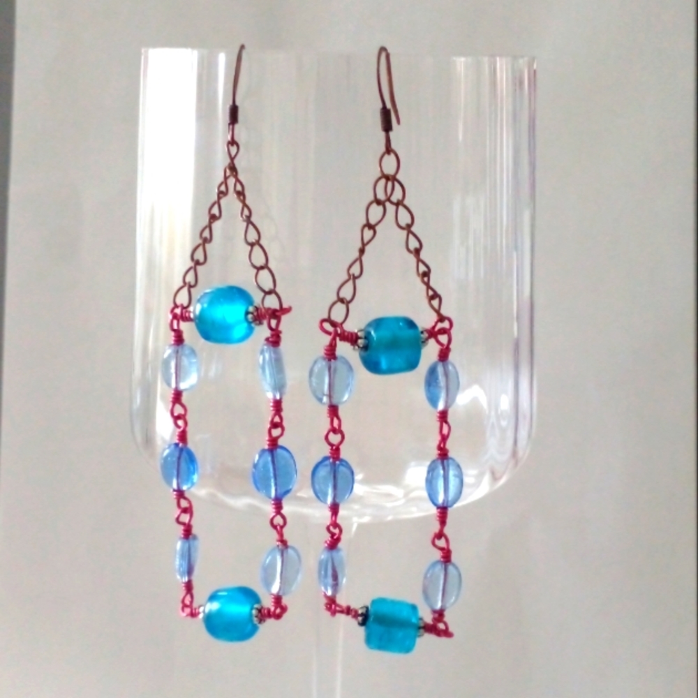 Wire Wrapped Blue Glass Beaded Copper Chain Dangle Earrings